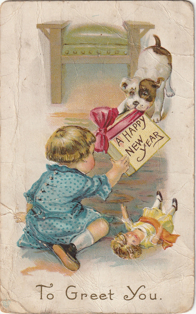 Dog and Dolly to Greet You - Happy New Year - Postcard, c. 1910s