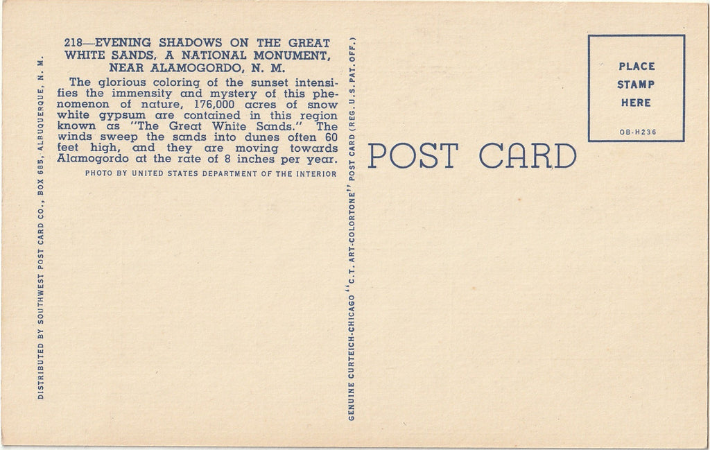 Evening Shadows on the Great White Sands - Alamogordo, NM - Postcard, c. 1940s