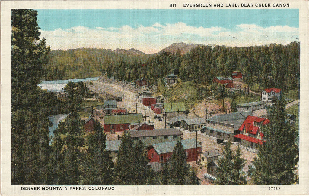 Evergreen and Lake - Bear Creek Canyon - Denver Mountain Parks, Colorado - Postcard, c. 1940s