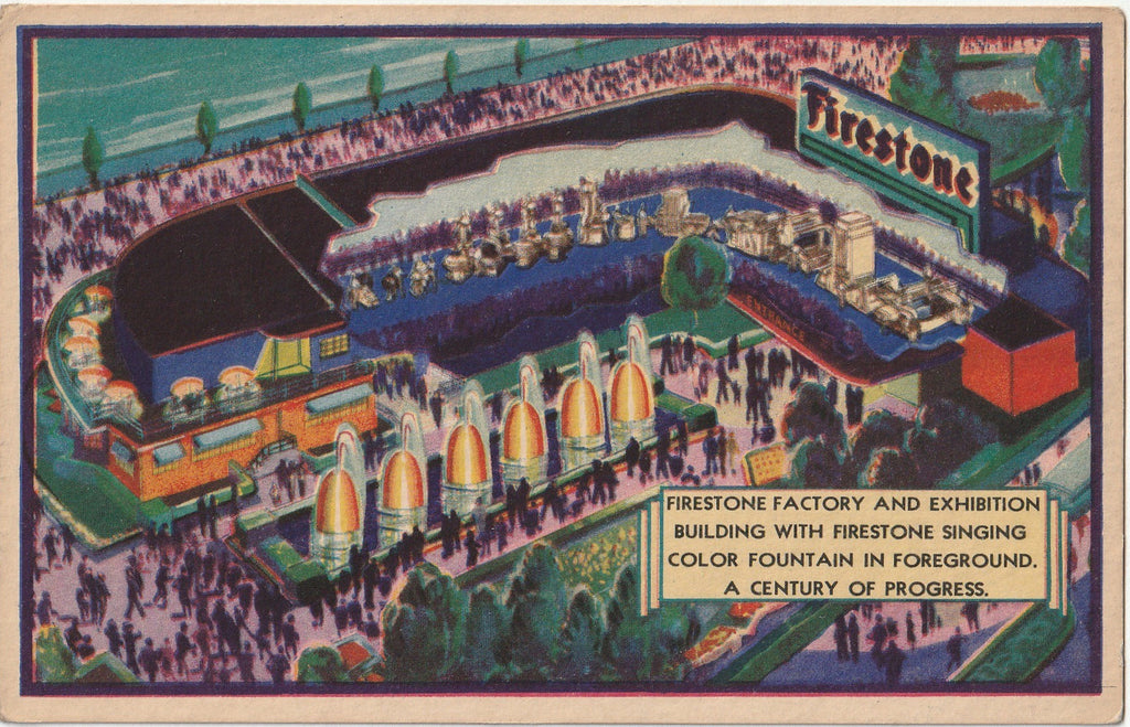 Firestone Factory and Exhibition - Singing Color Fountain - 1933 Century of Progress - Chicago Postcard, c. 1930s