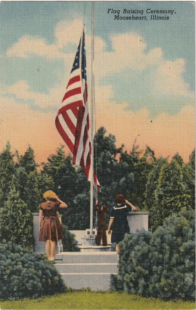 Flag Raising Ceremony - Mooseheart, IL - Notice to Appear for Initiation - Postcard, c. 1950s