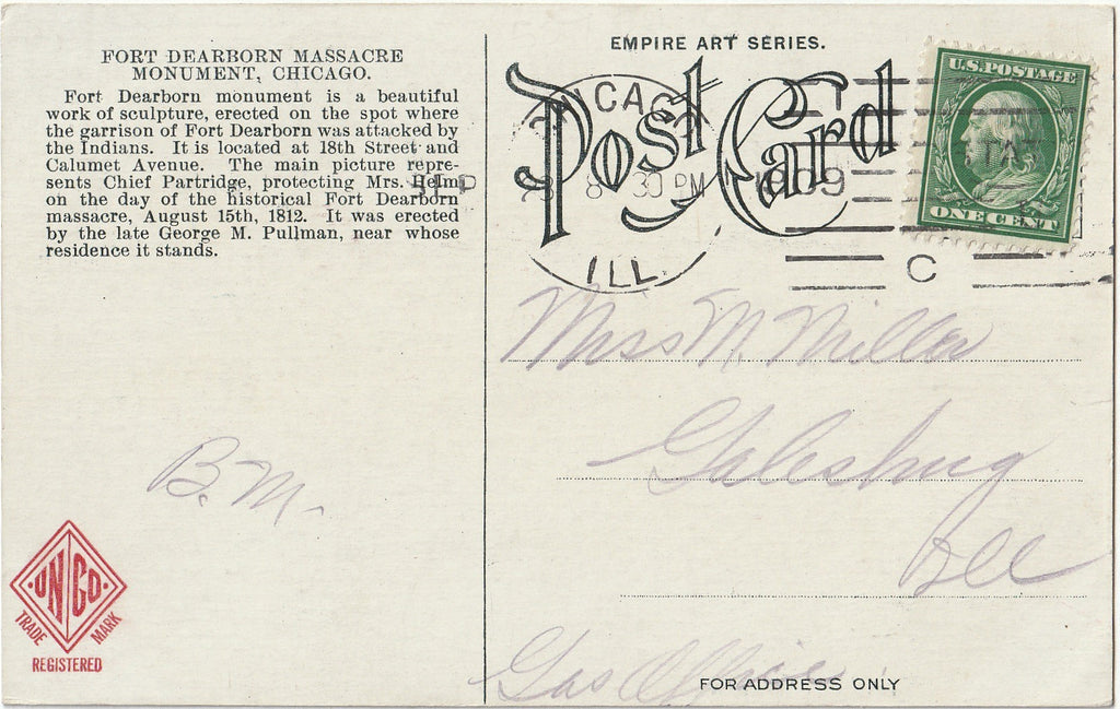 Fort Dearborn Massacre Monument - George M. Pullman - Chicago, IL - Postcard, c. 1900s