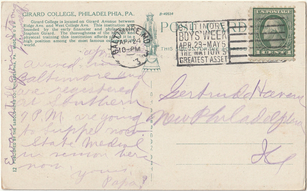 Girard College - Philadelphia, Pennsylvania - Postcard, c. 1910s