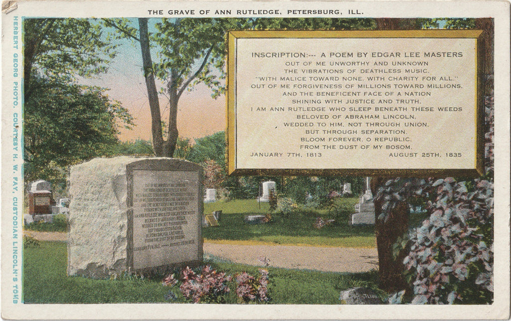 Grave of Ann Rutledge - Lincoln's First Love - Poem by Edgar Lee Masters -Petersburg, IL - Postcard, c. 1920s