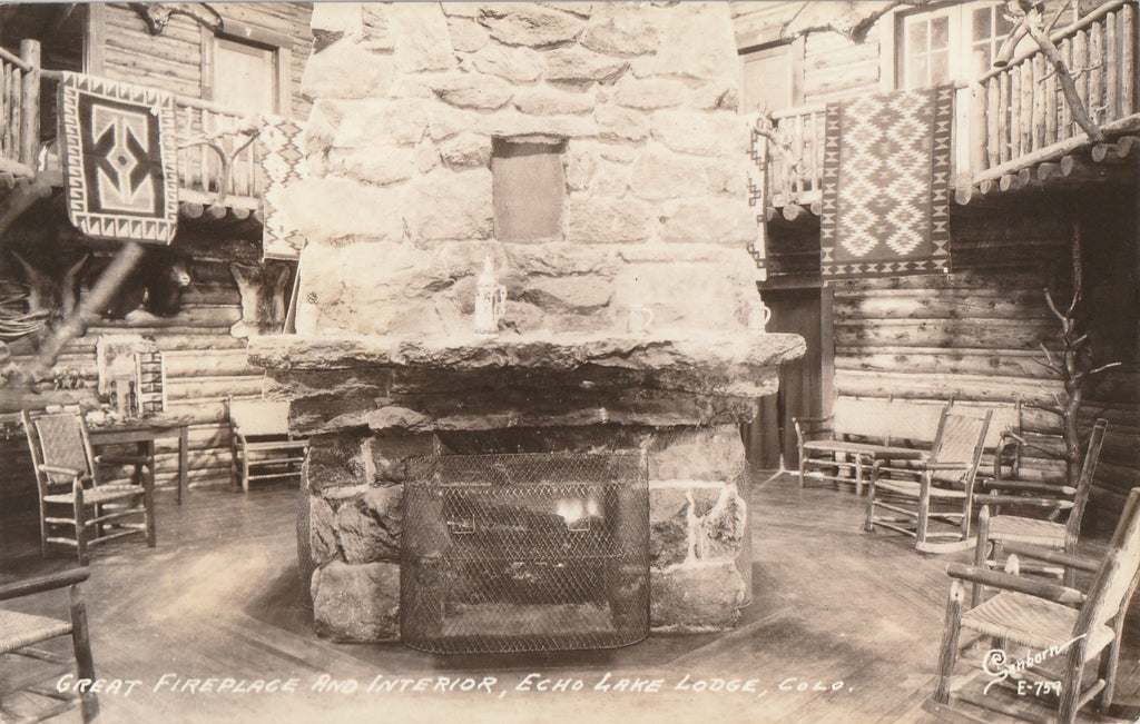 Great Fireplace - Echo Lake Lodge, Colorado - Sanborn RPPC, c. 1940s