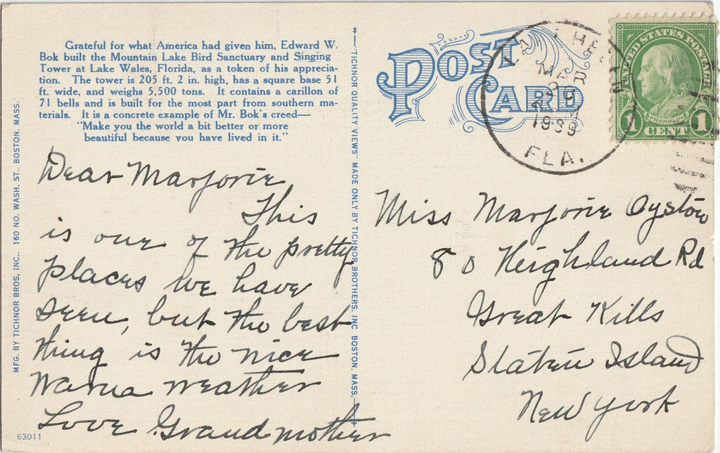 Greetings From Florida, The Sunshine State - Singing Tower Bok Memorial - Lake Wales, FL - Postcard, c. 1930s