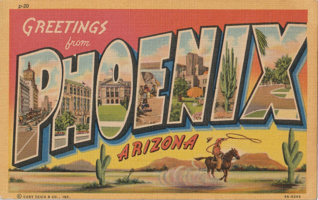 Greetings From Phoenix, Arizona - Large Letter Souvenir - Postcard, c. 1940s