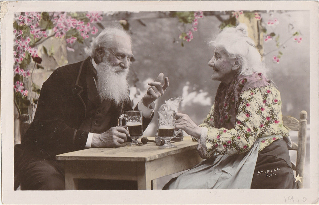 Growing Old Together - Couple Drinking Beer - Hand Tinted - RPPC, c. 1910s