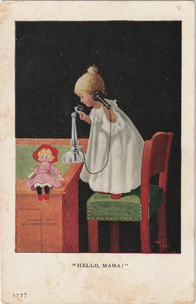Hello Mama - Candlestick Telephone - Doll - Postcard, c. 1906