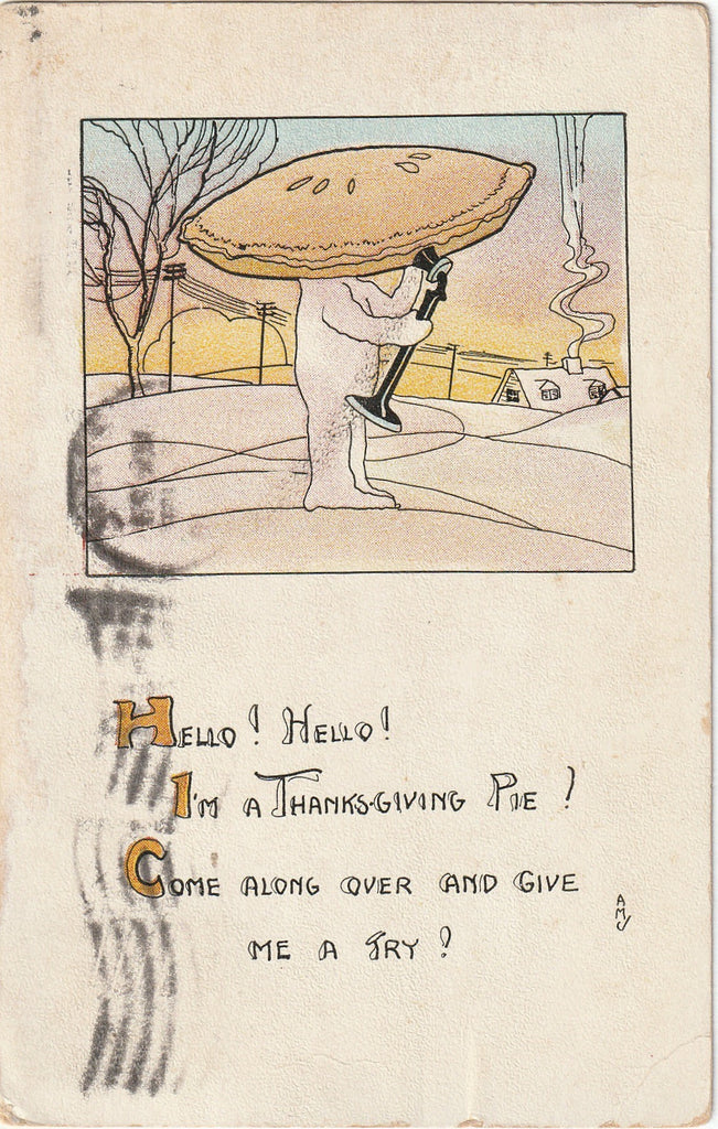 Hello! Hello! I'm A Thanksgiving Pie - Candlestick Telephone - Postcard, c .1910s