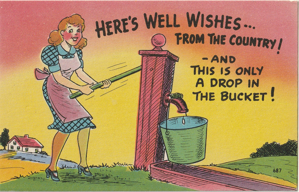 Here's Well Wishes From the Country - Comic Postcard, c. 1940s