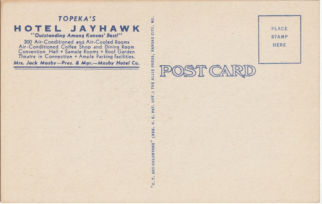 Hotel Jayhawk - Topeka, Kansas - Postcard, c. 1930s