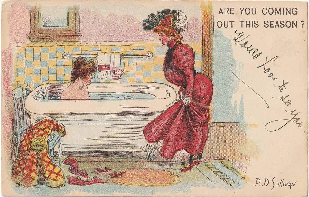 Are You Coming Out This Season? - P. D. Sullivan - Edwardian Bathroom - Postcard, c. 1910s