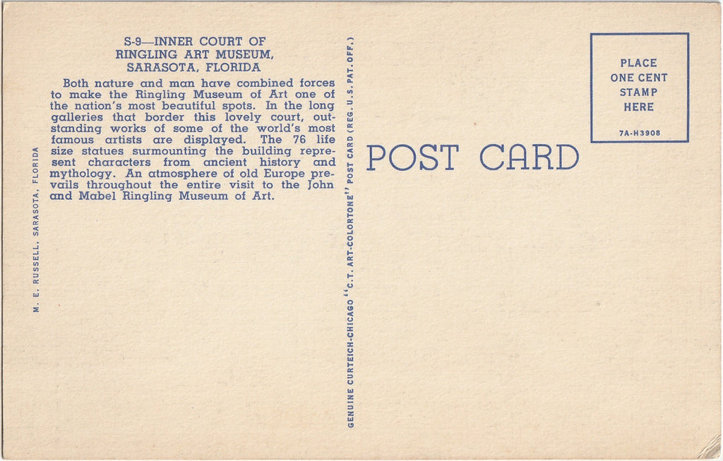 Inner Court of RIngling Art Museum - Sarasota, Florida - Postcard, c. 1940s