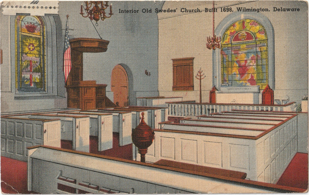 Interior Old Swedes' Church - Built 1698 - Wilmington, DE - Postcard, c. 1950s