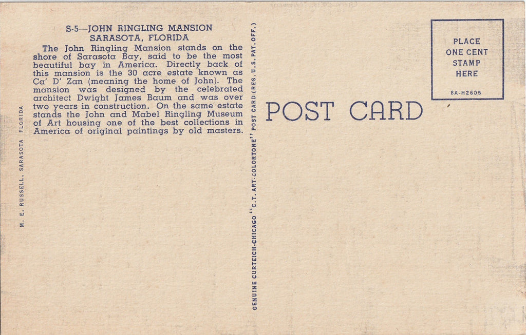 John Ringling Mansion - Sarasota, Florida - Postcard, c. 1940s