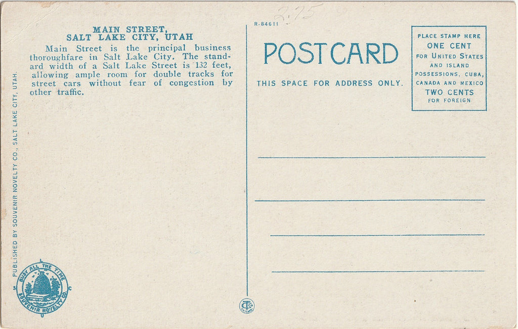 Main Street, Salt Lake City, Utah - Postcard, c. 1920s