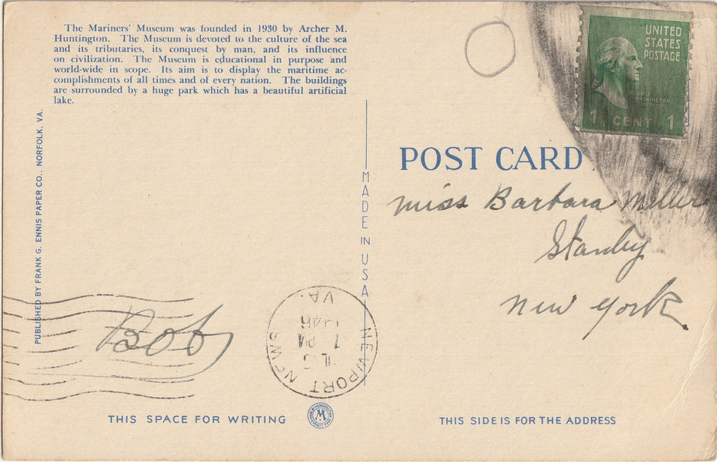 Mariners' Museum - Newport News, Virginia - Postcard, c. 1940s