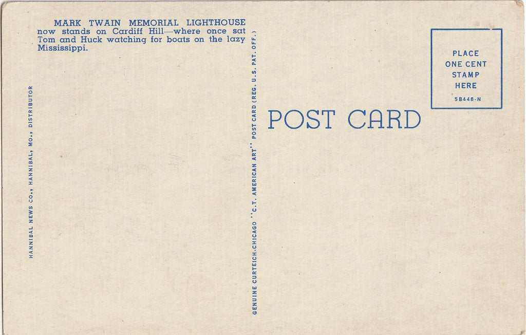 Mark Twain Memorial Lighthouse - Cardiff Hill, Hannibal, MO - Postcard, c. 1940s