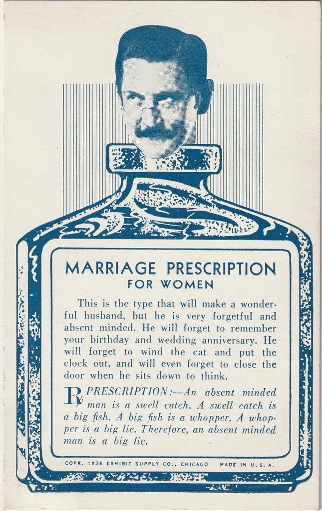 Marriage Prescription For Women - Arcade Card, c. 1938