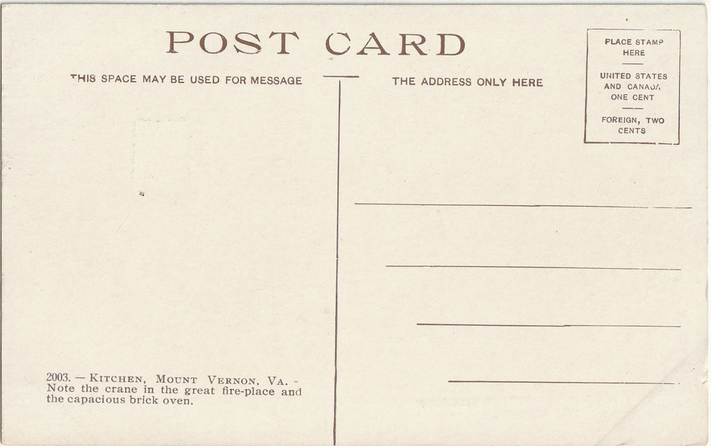 Martha Washington's Kitchen - Mount Vernon - Mt. Vernon, VA - Postcard, c. 1900s