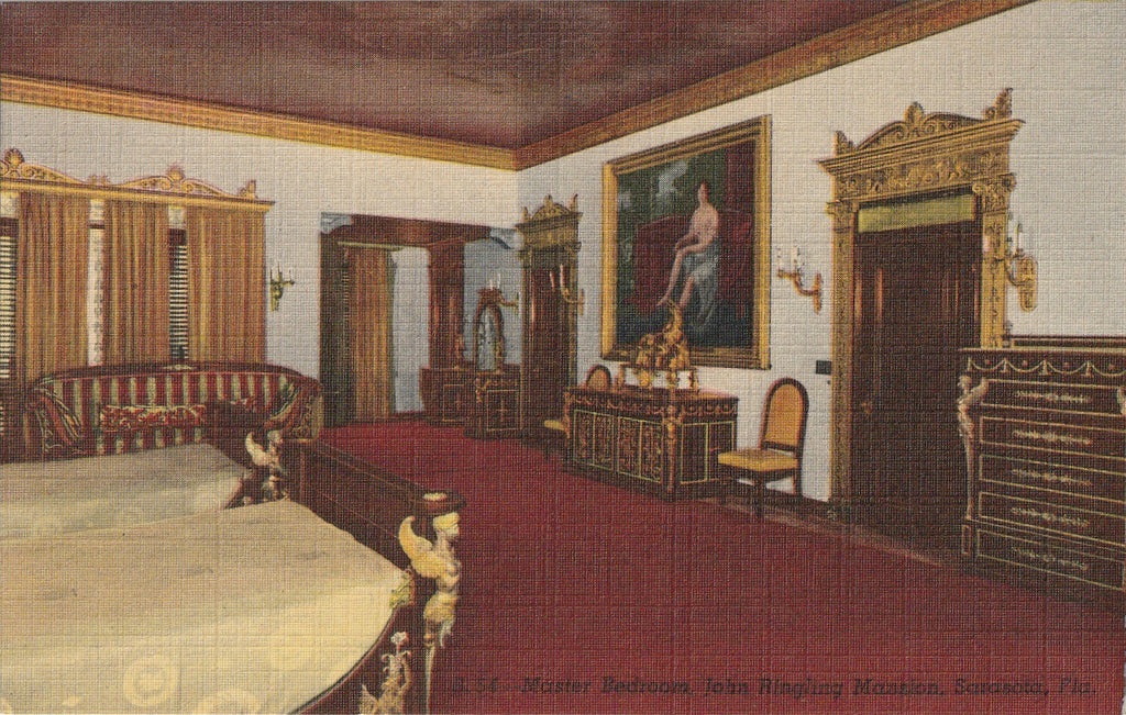 Master Bedroom - John Ringling Mansion - Sarasota, Florida - Postcard, c. 1940s