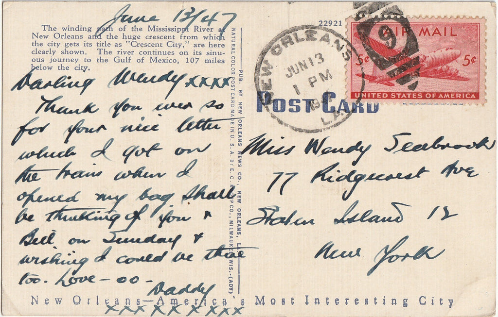 Mississippi River Crescent - New Orleans, La - Postcard, c. 1940s