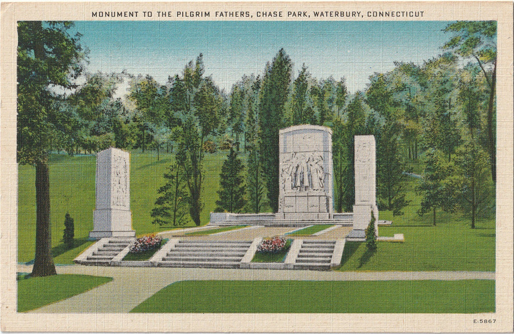 Monument to the Pilgrim Fathers - Chase Park, Waterbury, CT - Postcard, c. 1950s