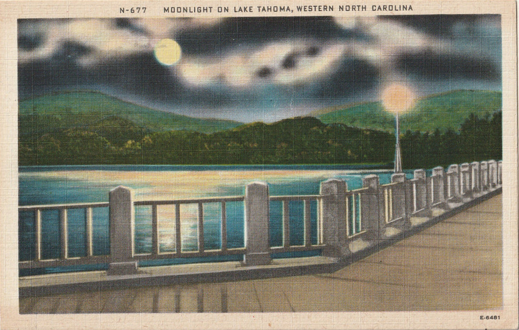 Moonlight on Lake Tahoma - Western North Carolina - Postcard, c. 1940s