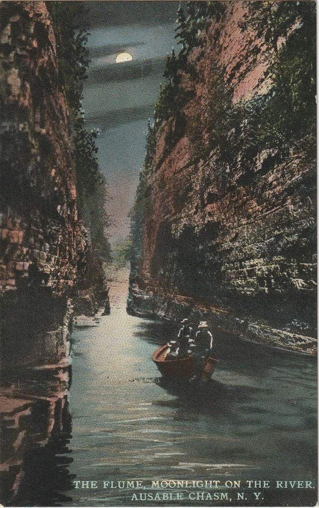 Moonlight on the River - The Flume, Ausable Chasm, NY - Postcard, c. 1910s