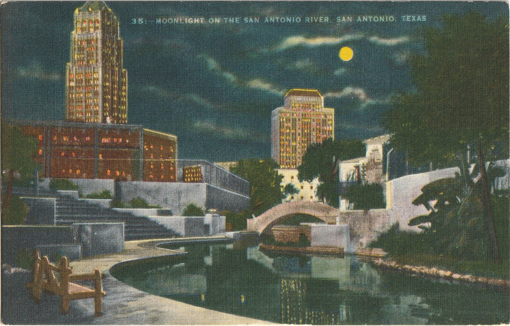Moonlight on the San Antonio River - San Antonio, Texas - Postcard, c. 1950s