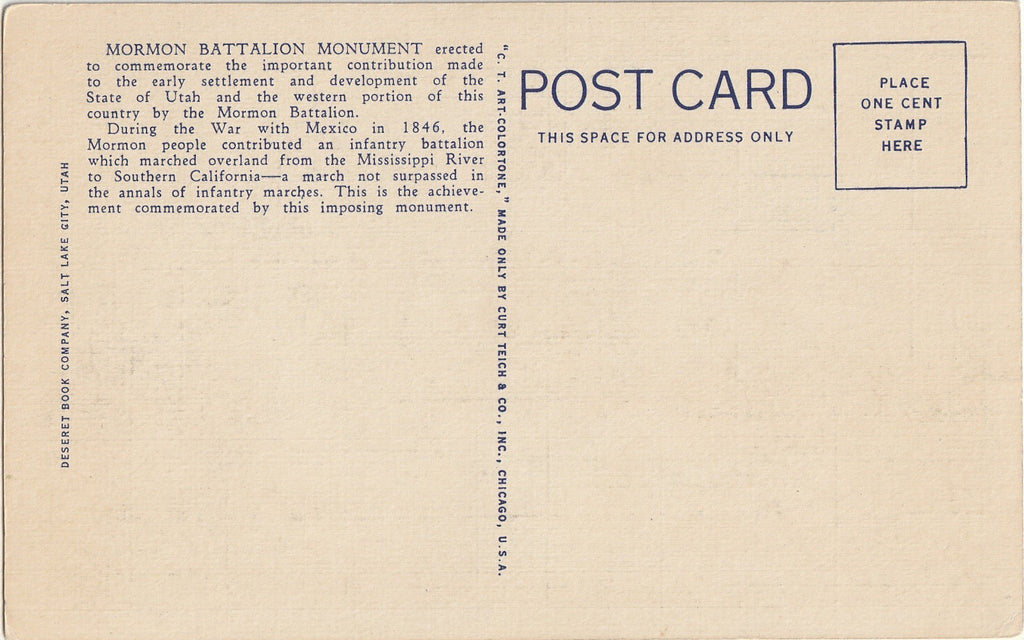 Mormon Battalion Monument - State Capitol Grounds - Salt Lake City, UT - Postcard, c. 1940s