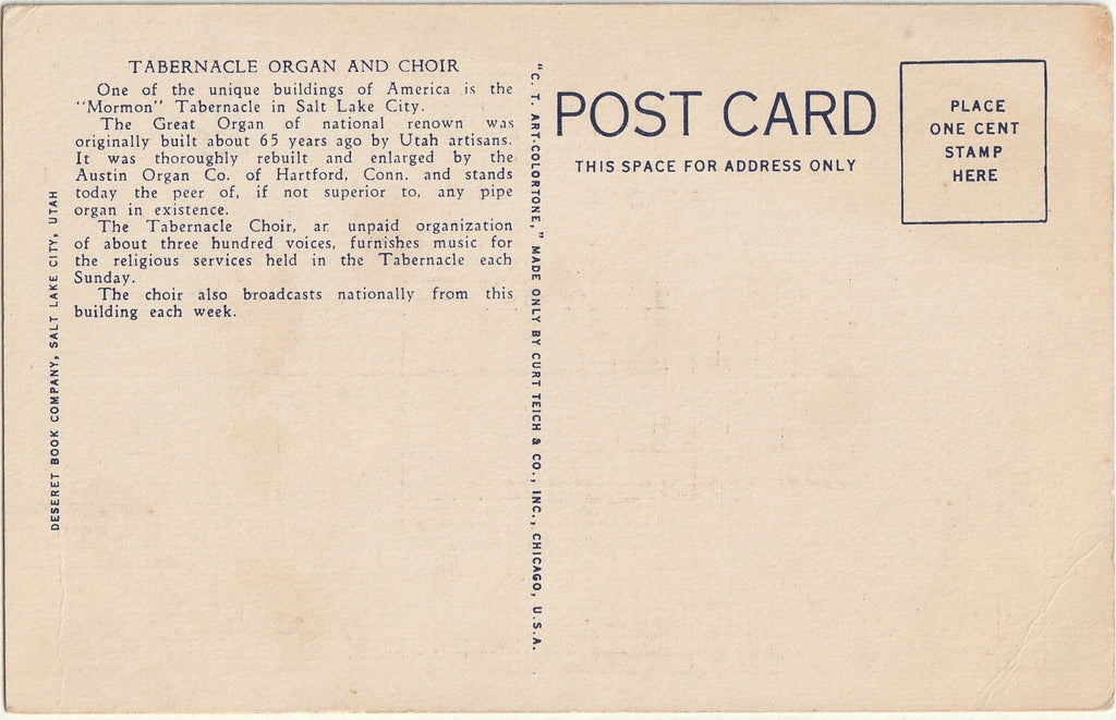 Mormon Tabernacle Organ and Choir - Salt Lake City, UT - Postcard, c. 1940s
