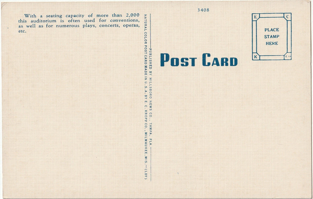 Municipal Auditorium - Tampa, Florida - Postcard, c. 1930s