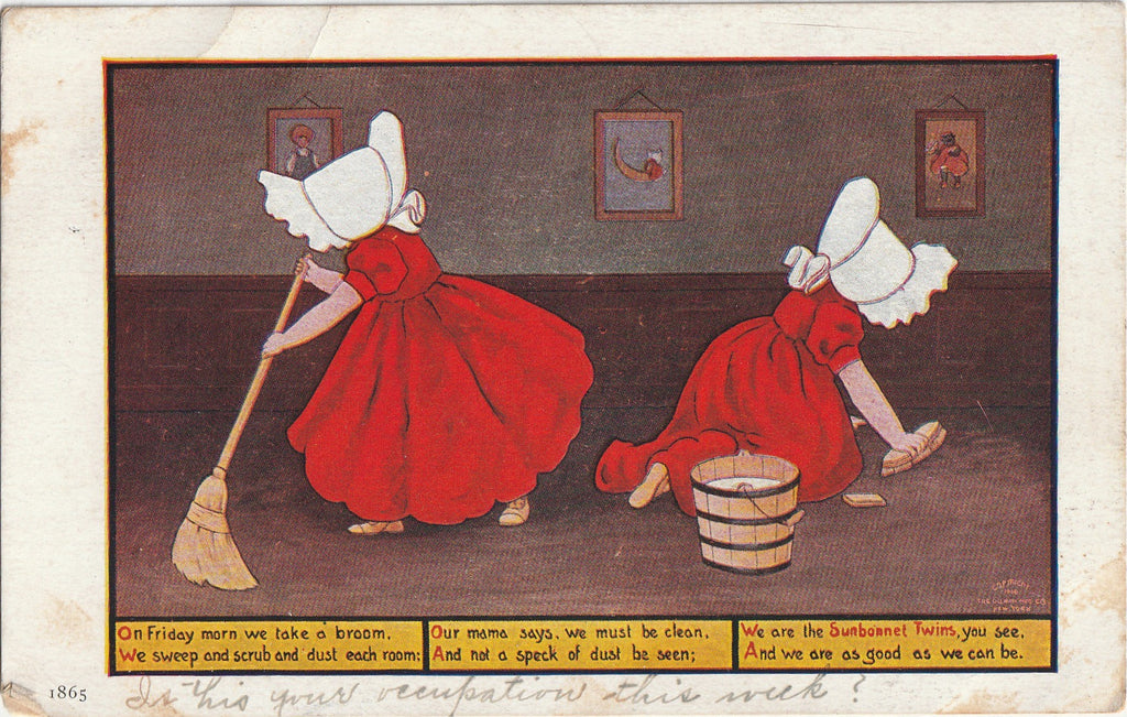 On Friday Morn We Take A Broom - Sunbonnet Twins - Postcard, c. 1900s