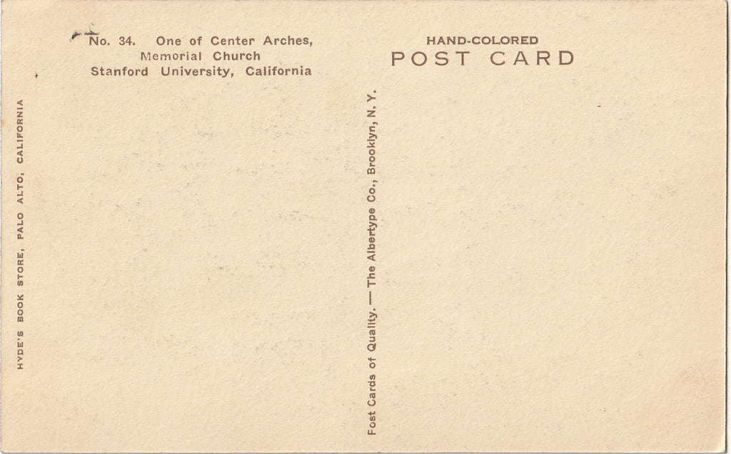 One of Center Arches - Stanford University Memorial Church, California - Postcard, c. 1930s