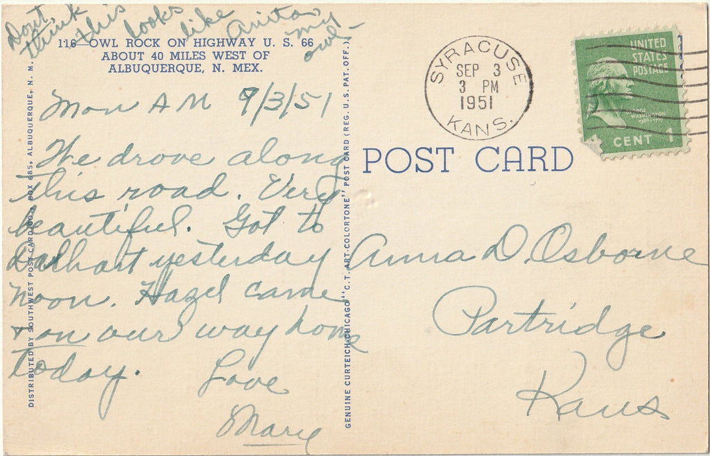 Owl Rock on Route 66 - Near Albuquerque, New Mexico - Postcard, c. 1950s