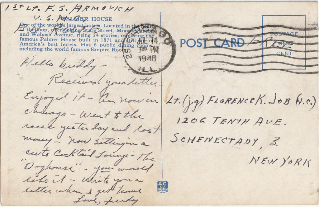 Palmer House Hotel - Chicago, IL - Postcard, c, 1940s
