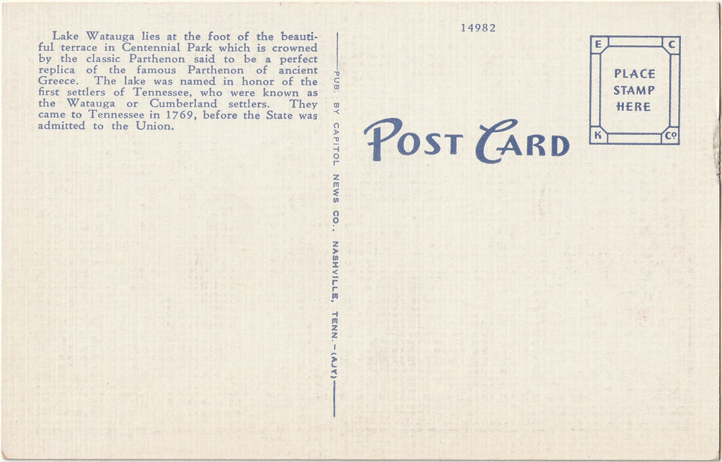Parthenon and Lake Centennial Park - Nashville, TN - Postcard, c. 1930s