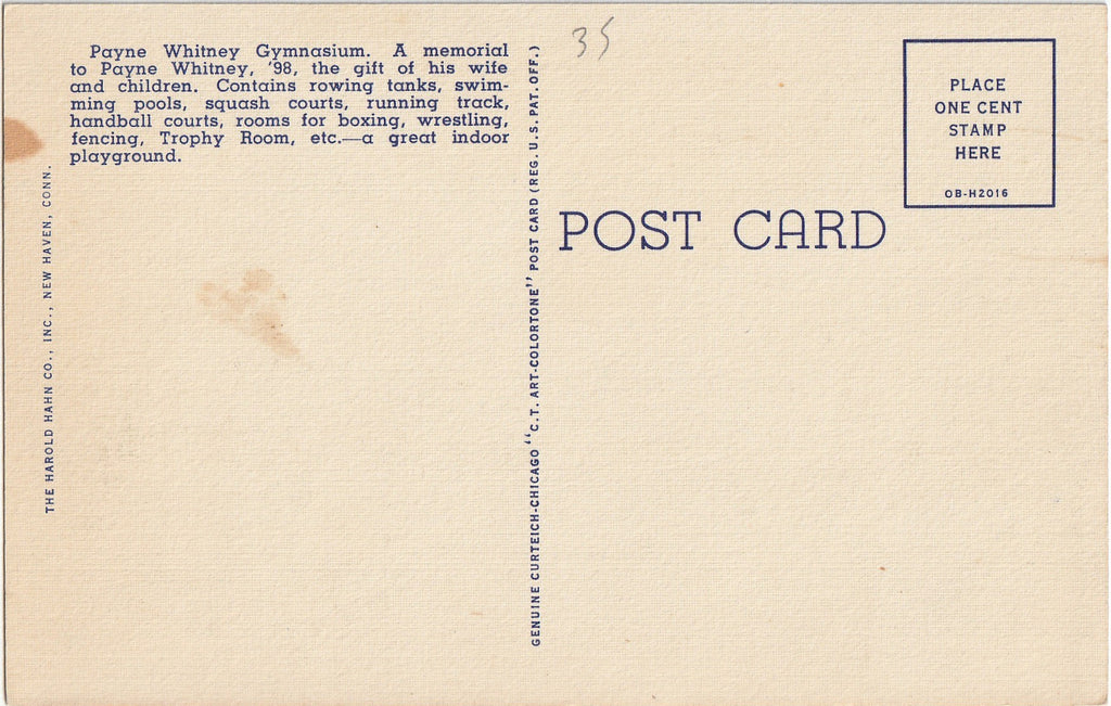 Payne Whitney Gymnasium - Yale University - New Haven, CT - Postcard, c. 1940s