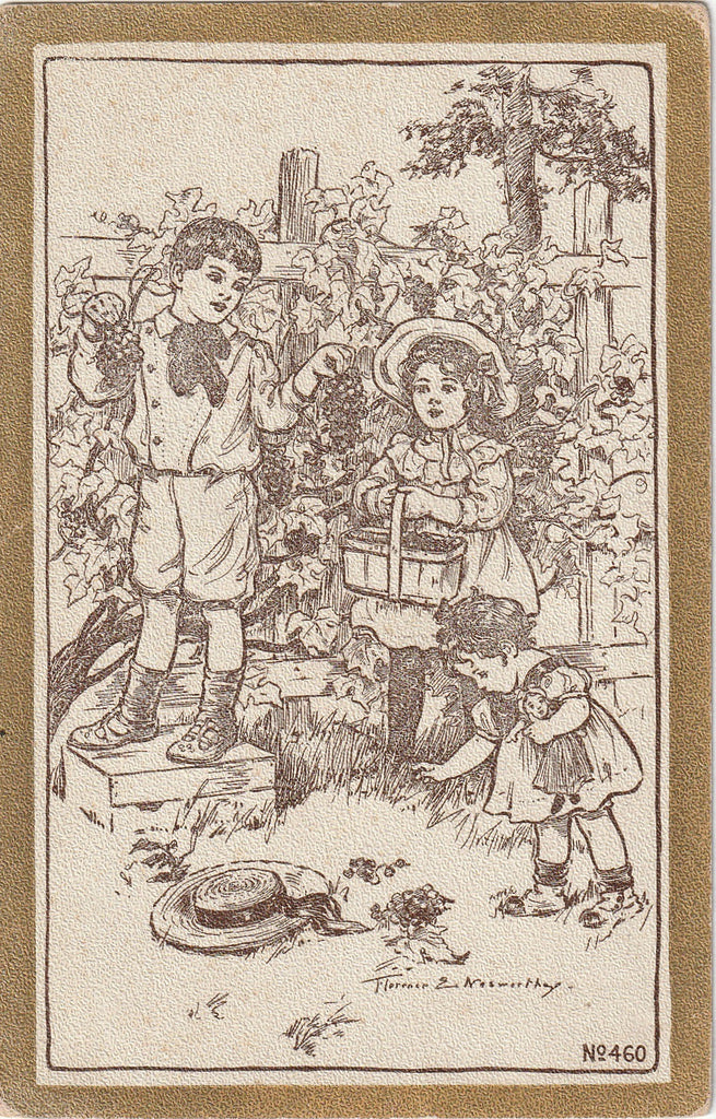 Picking Grapes - Edwardian Children - Doll - Florence E. Nosworthy - Postcard, c. 1910s
