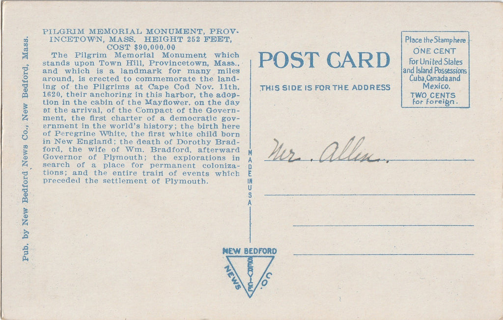 Pilgrim Memorial Monument - Provincetown, MA - Postcard, c. 1920s