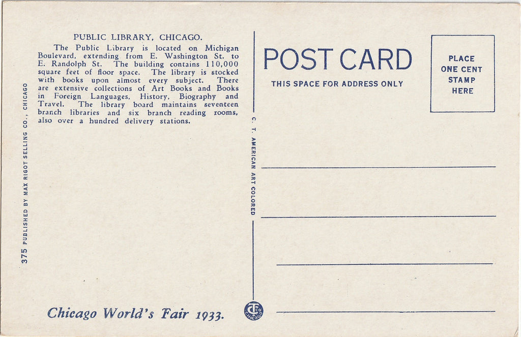 Public Library - Chicago, IL - Postcard, c. 1930s