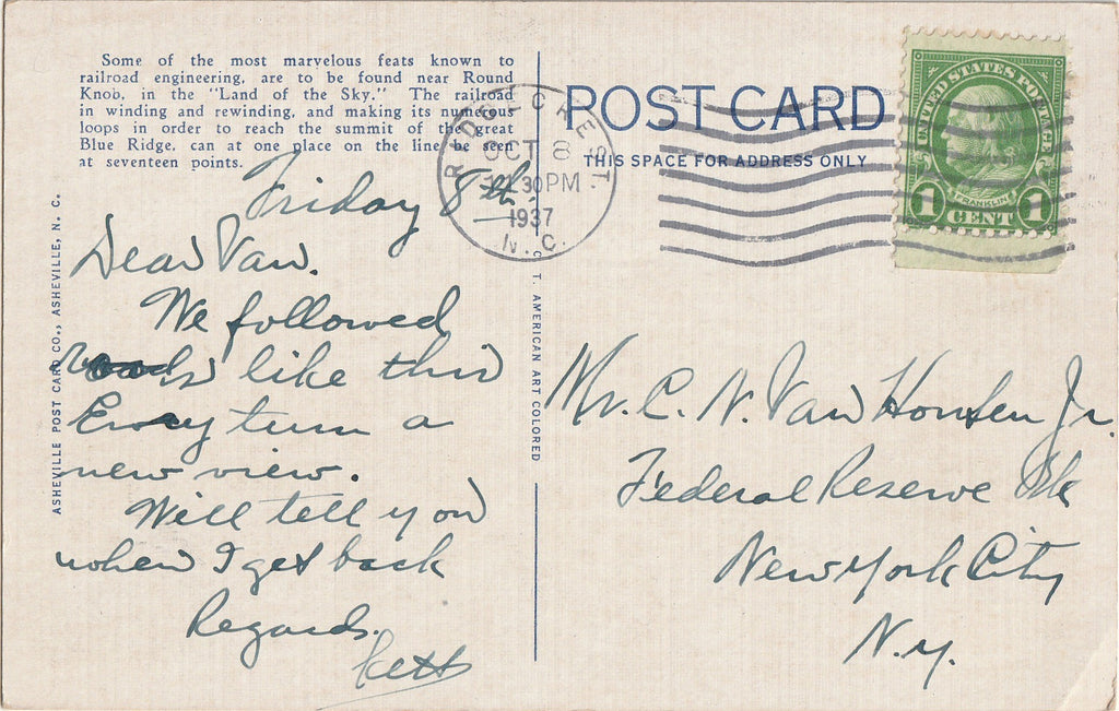 Railroad at 17 Points - Round Knob, North Carolina - Blue Ridge Mountains - Postcard, c. 1930s