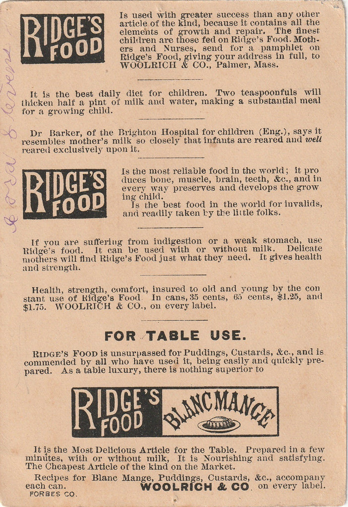 Ridge's Food - Murder Bottle - Woolrich & Co. - Trade Card, c. 1800s