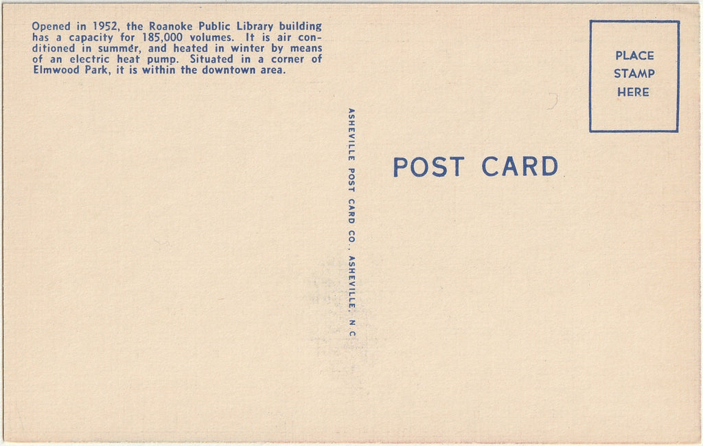 Roanoke Public Library - Roanoke, Virginia - Postcard, c. 1950s