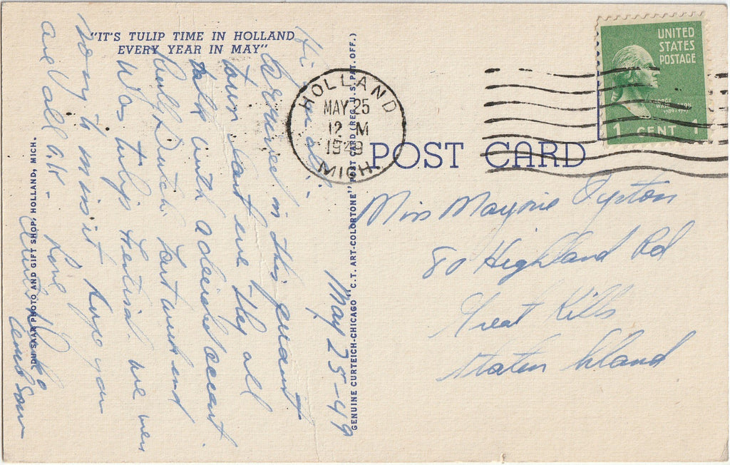 Satisfaction, Tulip Time - Nelis Tulip Farm - Holland, Michigan - Postcard, c. 1940s