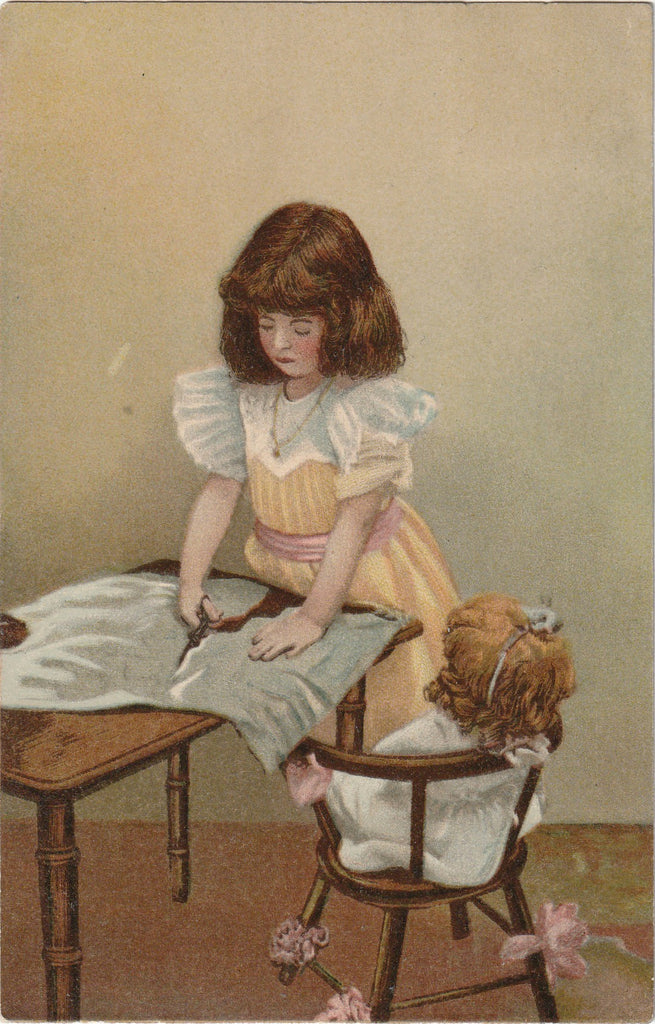Sewing a Dress for Dolly - Postcard, c. 1900s