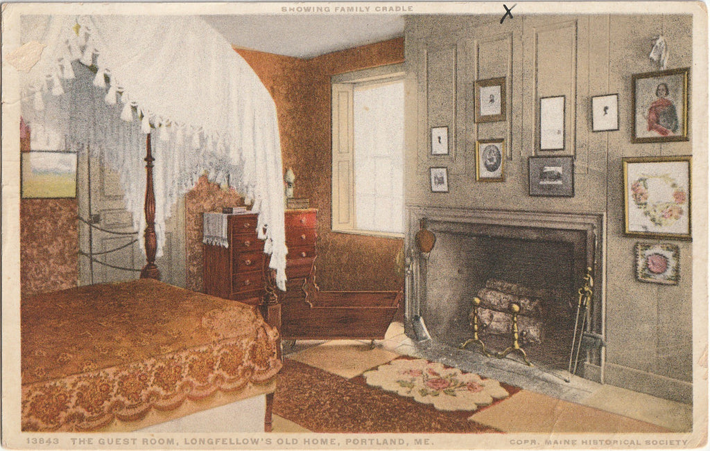 Showing Family Cradle - Guest Room, Longfellow's Old Home - Portland, ME - Postcard, c. 1920s