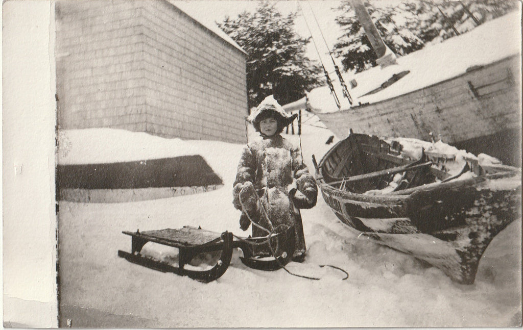 Snow Fun Without You - Child with Sled - RPPC, c. 1900s
